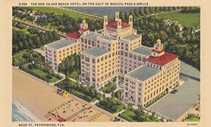 old postcard with aerial view of the hotel