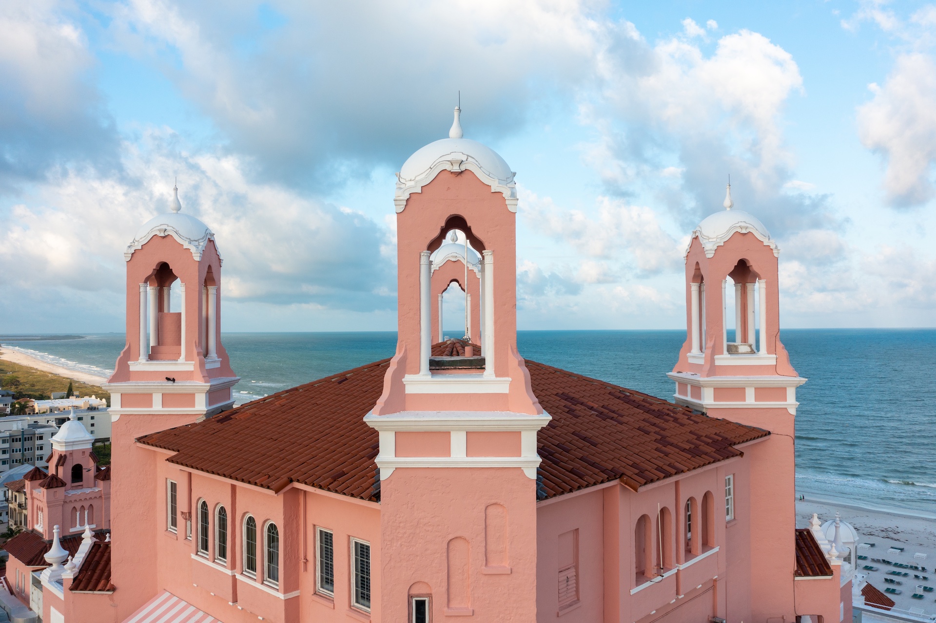 the roof of the hotel with empty bell towers