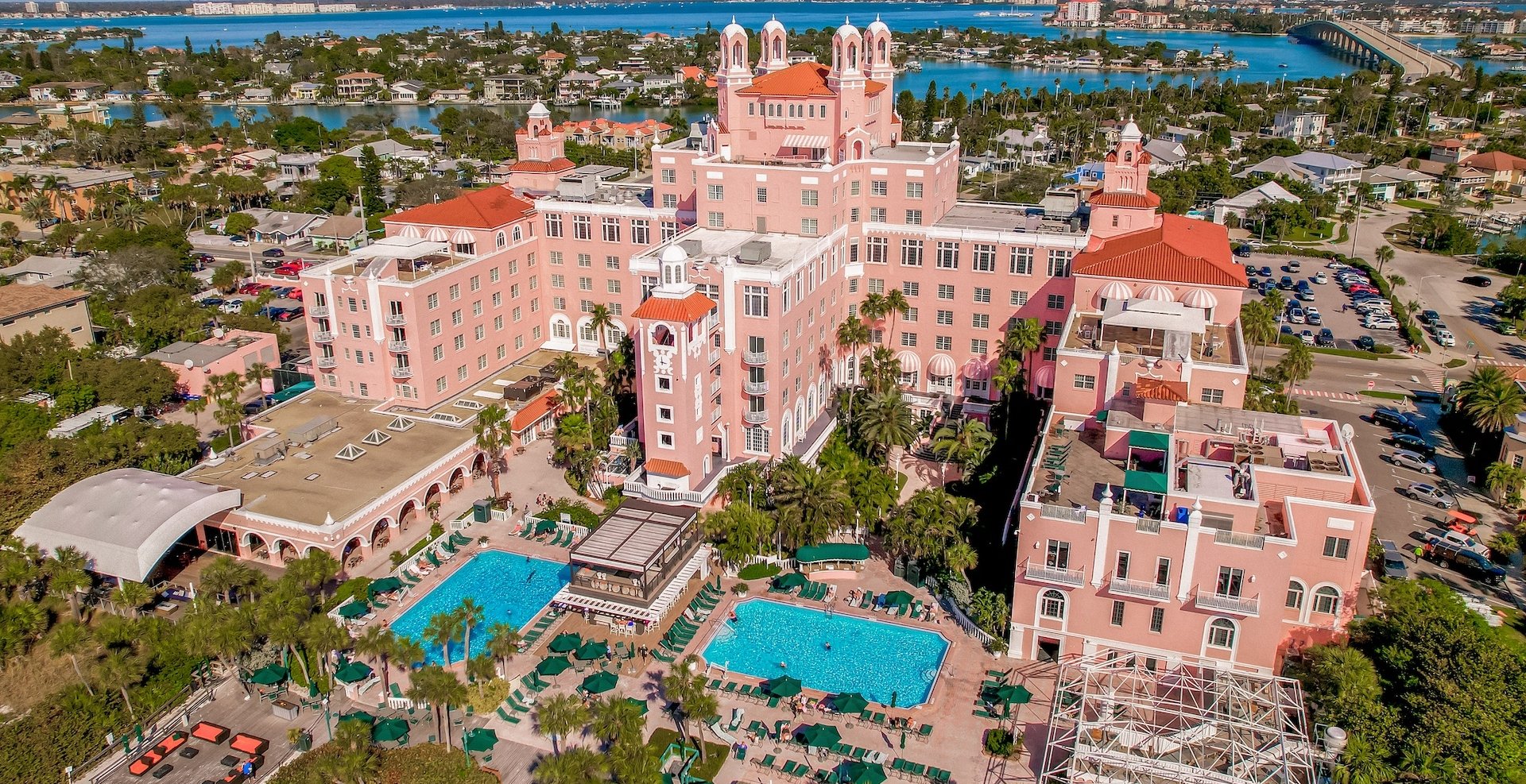 aerial of The Don CeSar with a view of the surrounding neighborhood