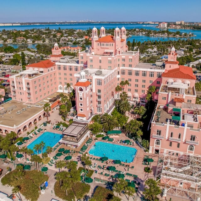 aerial of The Don CeSar with a view of the surrounding neighborhood