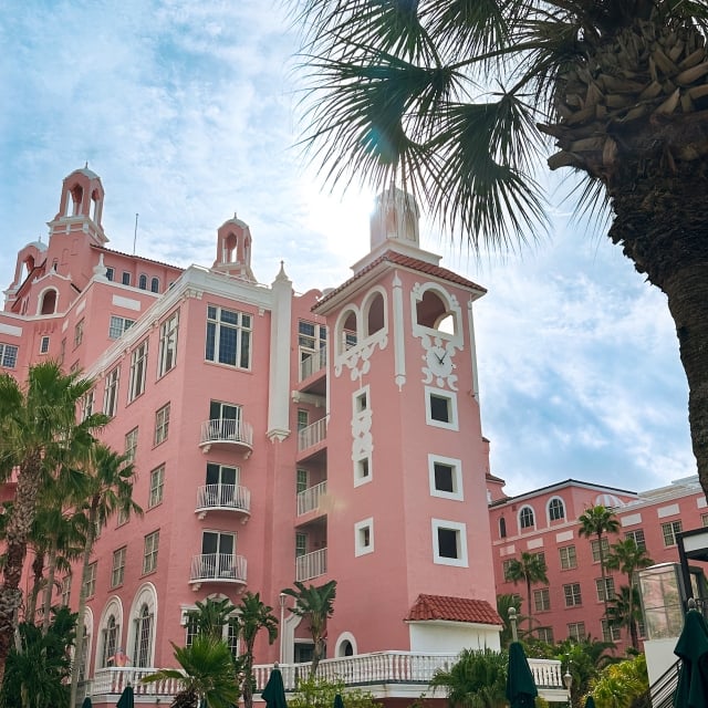 a pink hotel surrounded by a garden