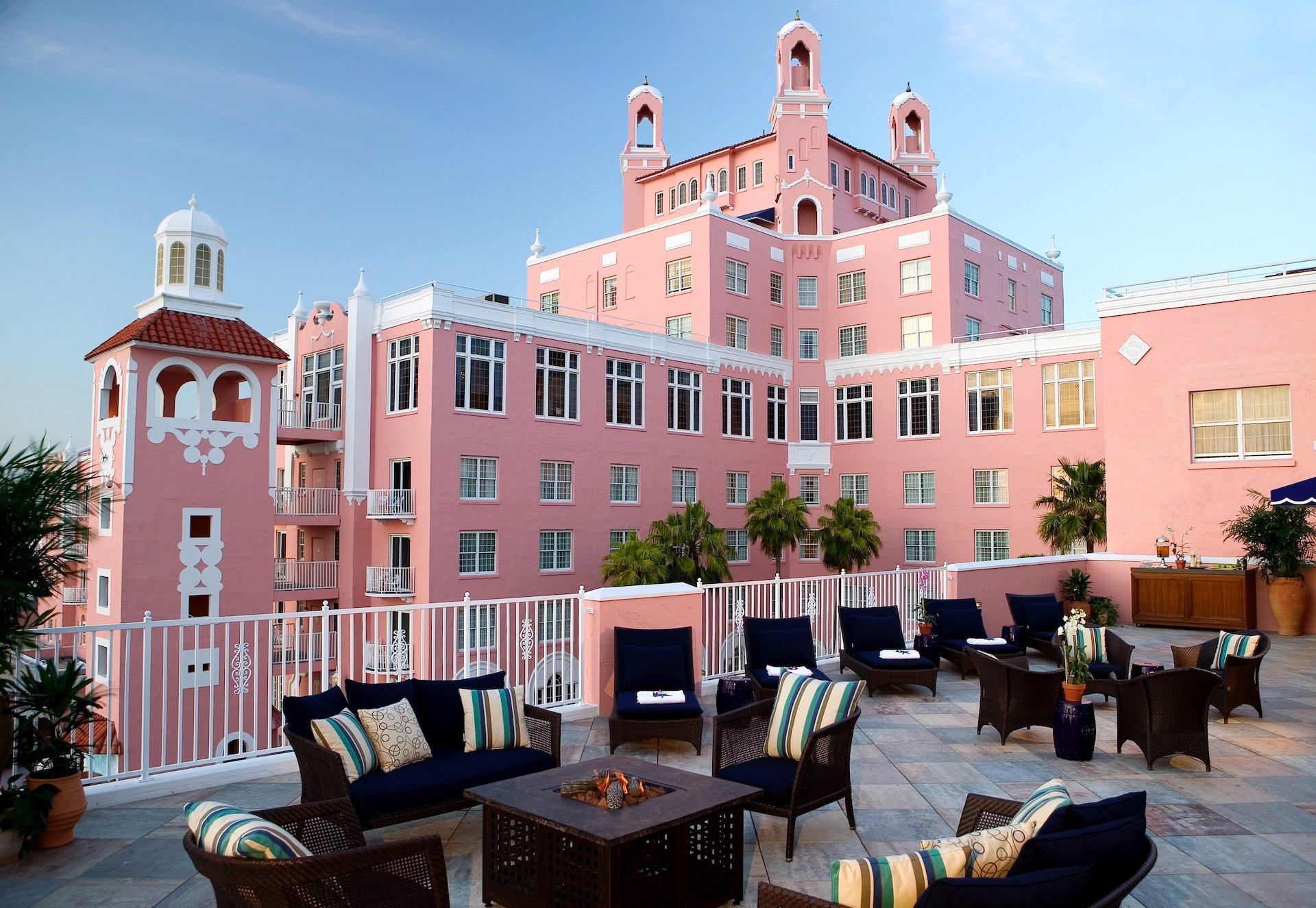 large balcony with various seating areas