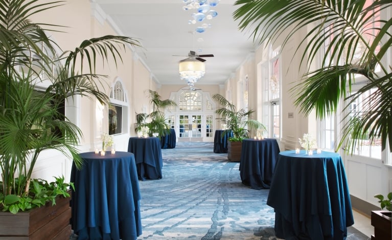 hallway with tall tables and plants