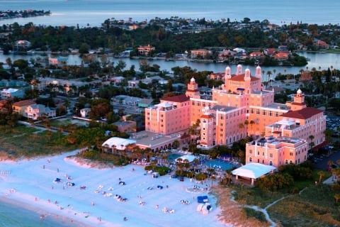 Beautiful aerial of the Don CeSar hotel and Beach House Resorts and the beach