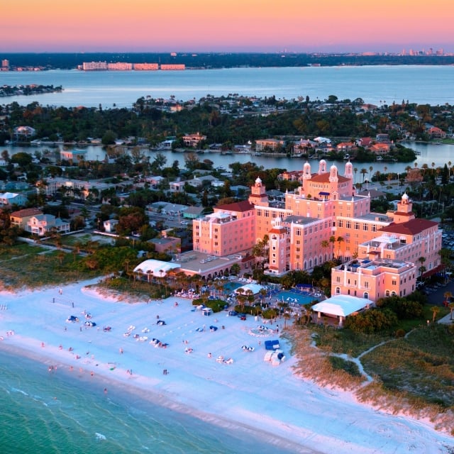 Beautiful aerial of the Don CeSar hotel and Beach House Resorts and the beach