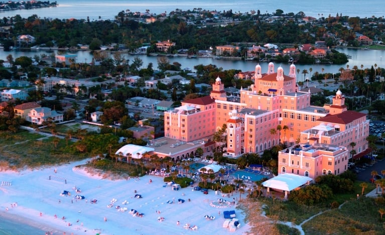 Beautiful aerial of the Don CeSar hotel and Beach House Resorts and the beach