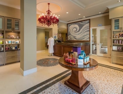 spa entrance with various shelving units displaying wellness products