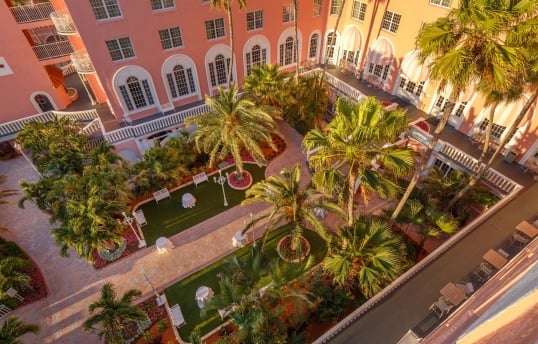 aerial of a courtyard set up for a reception