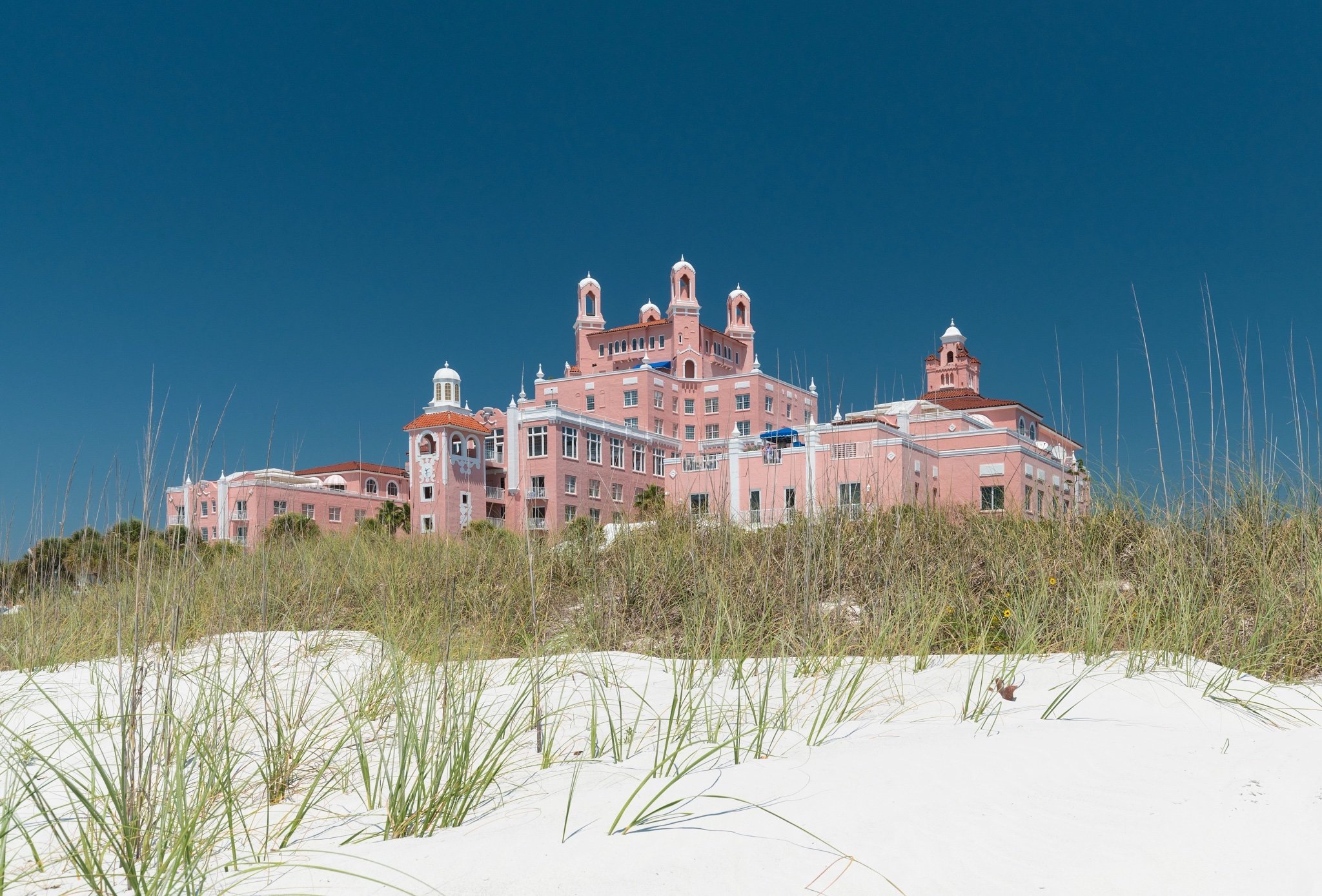 sand and grassy area on the beach in front of the hotel